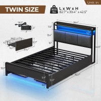 Rolanstar Bed Frame Twin Size With Charging Station And Led Lights, Upholstered Storage Headboard With Drawers, Heavy Duty Metal Slats, No Box Spring Needed, Noise Free, Easy Assembly, Dark Grey