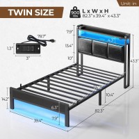 Rolanstar Bed Frame Twin Size With Charging Station And Led Lights, Pu Leather Headboard With Storage Shelves, Heavy Duty Metal Slats, No Box Spring Need, Noise Free, Easy Assembly, Black