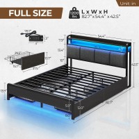 Rolanstar Bed Frame Full Size With Charging Station And Led Lights, Upholstered Storage Headboard With Drawers, Heavy Duty Metal Slats, No Box Spring Needed, Noise Free, Easy Assembly, Dark Grey