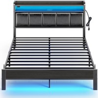 Rolanstar Bed Frame Queen Size With Charging Station And Led Lights, Pu Leather Headboard With Storage Shelves, Heavy Duty Metal Slats, No Box Spring Need, Noise Free, Easy Assembly, Black