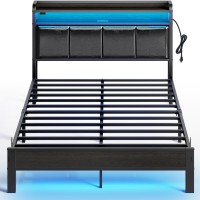 Rolanstar Bed Frame Full Size With Charging Station And Led Lights, Pu Leather Headboard With Storage Shelves, Heavy Duty Metal Slats, No Box Spring Need, Noise Free, Easy Assembly, Black