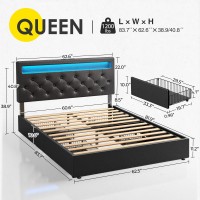 Rolanstar Queen Size Bed Frame With Led Lights And Usb Ports, Upholstered Pu Leather Bed With Adjustable Headboard And 4 Storage Drawers, No Box Spring Needed, Easy Assembly, Black