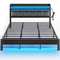 Rolanstar Bed Frame King Size With Charging Station And Led Lights, Pu Leather Headboard With Storage Shelves, Heavy Duty Metal Slats, No Box Spring Need, Noise Free, Easy Assembly, Black