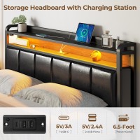 Rolanstar Bed Frame King Size With Charging Station And Led Lights, Pu Leather Headboard With Storage Shelves, Heavy Duty Metal Slats, No Box Spring Need, Noise Free, Easy Assembly, Black