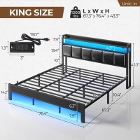 Rolanstar Bed Frame King Size With Charging Station And Led Lights, Pu Leather Headboard With Storage Shelves, Heavy Duty Metal Slats, No Box Spring Need, Noise Free, Easy Assembly, Black