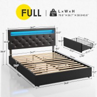 Rolanstar Full Size Bed Frame With Led Lights And Usb Ports, Upholstered Pu Leather Bed With Adjustable Headboard And 4 Storage Drawers, No Box Spring Needed, Easy Assembly, Black