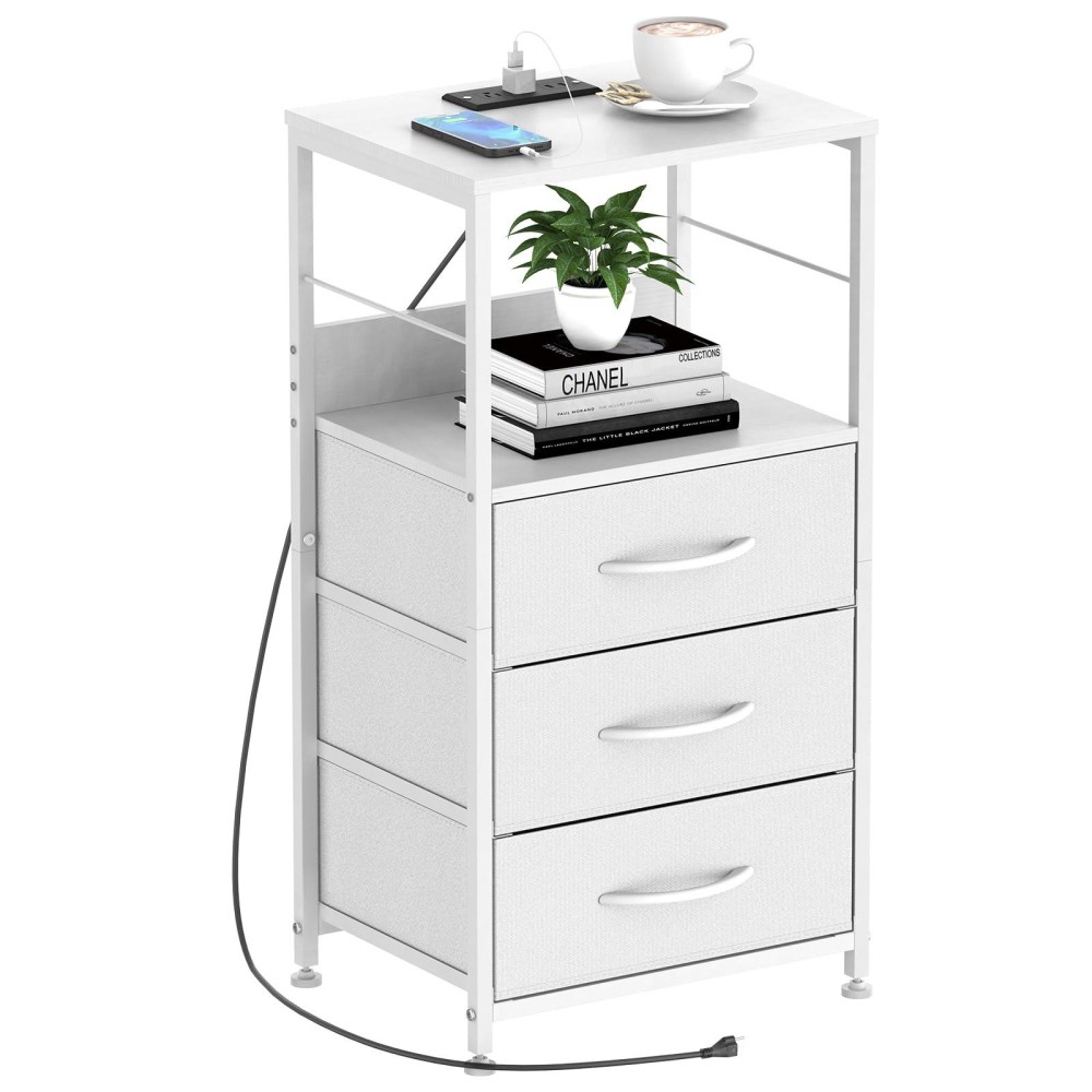 Novimango White Nightstand With Charging Station End Side Table With Drawer Tall Bedside Table With Usb Ports & Outlets 3 Tier Tall Night Stand With Fabric Drawer For Living Room Dorm Office