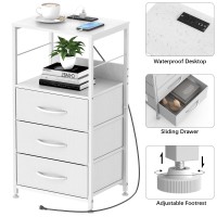 Novimango White Nightstand With Charging Station End Side Table With Drawer Tall Bedside Table With Usb Ports & Outlets 3 Tier Tall Night Stand With Fabric Drawer For Living Room Dorm Office