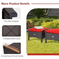 Oralner Outdoor Ottoman, Set Of 2 Rattan Footstools, All-Weather Wicker Foot Stools W/Removable Cushions, Patio Footrest Extra Seating For Porch, Poolside, Garden, Deck, Easy Assembly (Red)