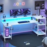 Sedeta White Gaming Desk 708 With Led Lights And Storage Shelves Computer Desk With Monitor Stand Power Outlets And Cup Hol