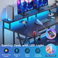 Sedeta Gaming Desk 708 With Led Lights And Storage Shelves Computer Desk With Monitor Stand Power Outlets And Cup Holder L