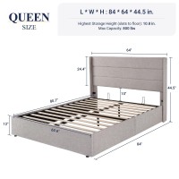 Allewie Queen Size Lift Up Storage Bed Modern Wingback Headboard No Box Spring Needed Hydraulic Storage Light Beige