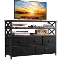 Enhomee Dresser Tv Stand Up To 55 Inch For Bedroom Entertainment Center With Fabric Drawers Media Console Table With Wood Open Shelves Storage Drawer Dresser For Bedroom, Living Room, Entryway, Black
