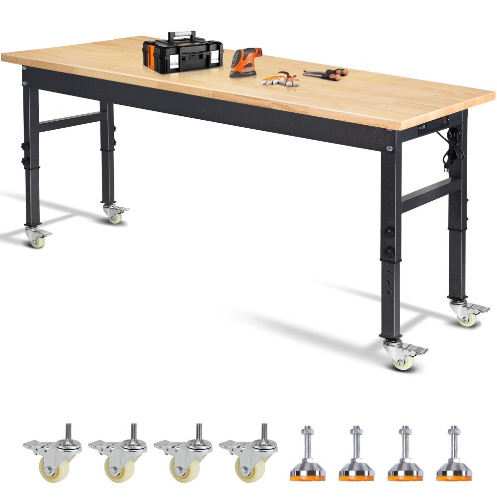 70 Adjustable Workbench Rubber Wood Top Work Bench Heavyduty Work Table With Socket Wheels And Fixed Legs 2000 Lbs Load Cap