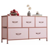 Wlive Dresser For Bedroom With 5 Drawers, Wide Chest Of Drawers, Fabric Dresser, Storage Organization Unit With Fabric Bins For Closet, Living Room, Hallway, Pink And Rose Gold