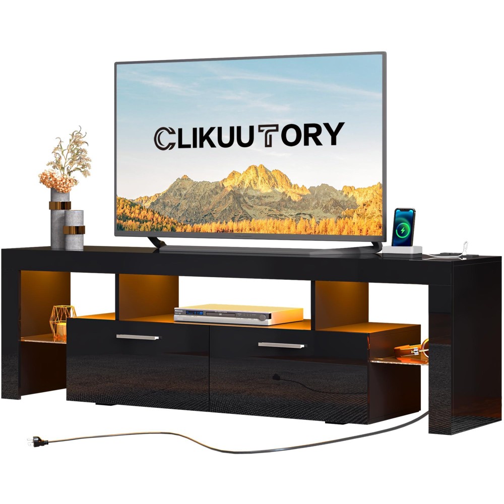 Clikuutory Modern Led Black 67 Inch Tv Stand With Power Outlet And Large Storage For 40 50 55 60 65 70 75 Inch Tvs, Wood Tv Console With High Glossy Entertainment Center For Living Room, Bedroom