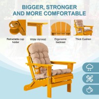 Nalone Folding Adirondack Chair With Cushion With Cup Holder  Hdpe Plastic Oversized Patio Chair Weather Resistant  Used In Outdoor  Fire Pit  Deck  Garden  Campfire Chairs (Orange)