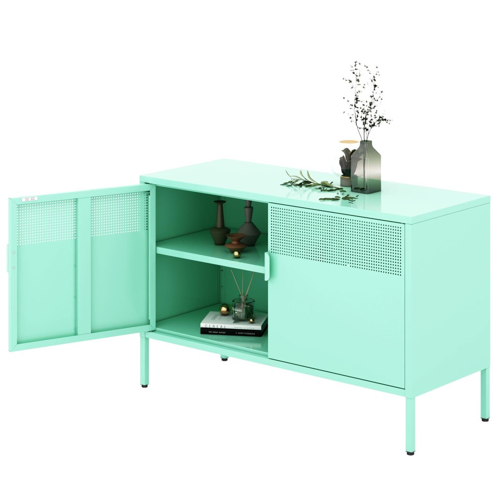 Ustamio Green Metal Storage Cabinet With Legs Wide Metal Tv Cabinet Entertainment Center Cabinet With Adjustable Shelf For Home