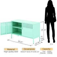 Ustamio Green Metal Storage Cabinet With Legs Wide Metal Tv Cabinet Entertainment Center Cabinet With Adjustable Shelf For Home