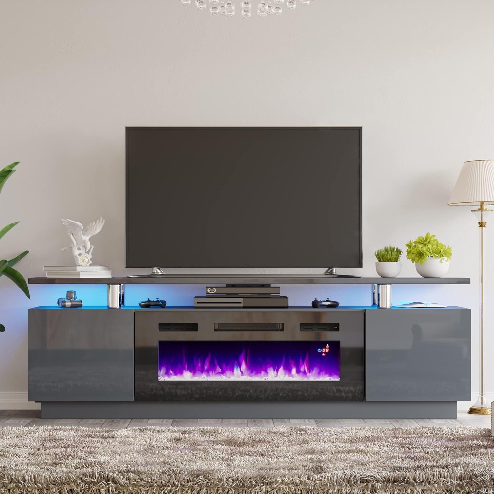 Amerlife Fireplace Tv Stand With 36 Fireplace 70 Modern High Gloss Fireplace Entertainment Center Led Lights 2 Tier Tv Con