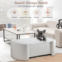 Deolme White Boucle Storage Ottoman Bench- Modern Wooden Indoor Upholstered Storage Bench End Of Bed Stool Sherpa Bench Bedside With Safety Hinge For Bedroom, Living Room Seating, Entryway