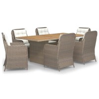 Vidaxl 7 Piece Patio Dining Set Made Of Brown Poly Rattan Featuring A Sturdy Powder-Coated Steel Frame And Solid Acacia Wood Tabletop For All-Day Comfort And Relaxation On Your Patio Or In The Garden