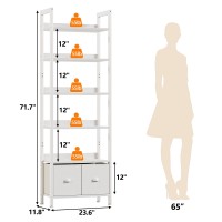 Furologee White 6 Tier Bookshelf With Drawers Tall 71 Bookcase With Shelves Modern Wood And Metal Book Shelf Storage Organiz