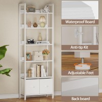 Furologee White 6 Tier Bookshelf With Drawers Tall 71 Bookcase With Shelves Modern Wood And Metal Book Shelf Storage Organiz