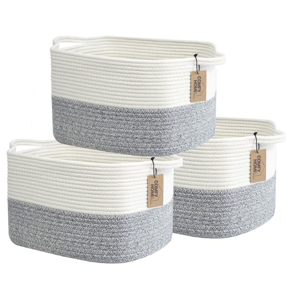 Comfy-Homi 3-Pack Cotton Rope Woven Basket With Handles For Shelves, Book, Cloth Basketdog Toy Basket For Organizinggift Basket For Empty13.5