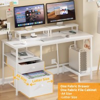 Furologee White Computer Desk With Drawer And Power Outlets 47 Office Desk With 2 Monitor Stands And Fabric File Cabinet Wri