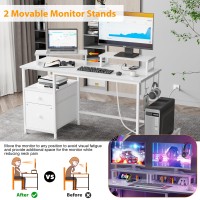 Furologee White Computer Desk With Drawer And Power Outlets 47 Office Desk With 2 Monitor Stands And Fabric File Cabinet Wri