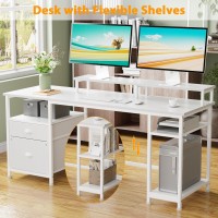 Furologee 61 Computer Desk With Fabric File Cabinet Drawer Reversible White Desk With Storage Shelf Office Desk With Long