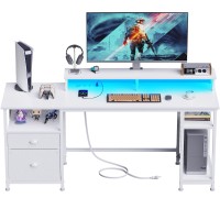 Furologee 61 Desk With Led Light Power Outlets Reversible Computer Desk With File Cabinet Drawer White Gaming Desk Writi