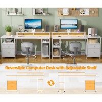 Furologee 61 Desk With Led Light Power Outlets Reversible Computer Desk With File Cabinet Drawer White Gaming Desk Writi