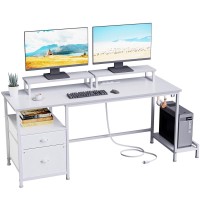 Furologee White Computer Desk With Drawer And Power Outlets 55 Large Gaming Desk With Fabric File Cabinet And 2 Movable Monit