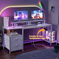 Furologee White Computer Desk With Drawer And Power Outlets 55 Large Gaming Desk With Fabric File Cabinet And 2 Movable Monit