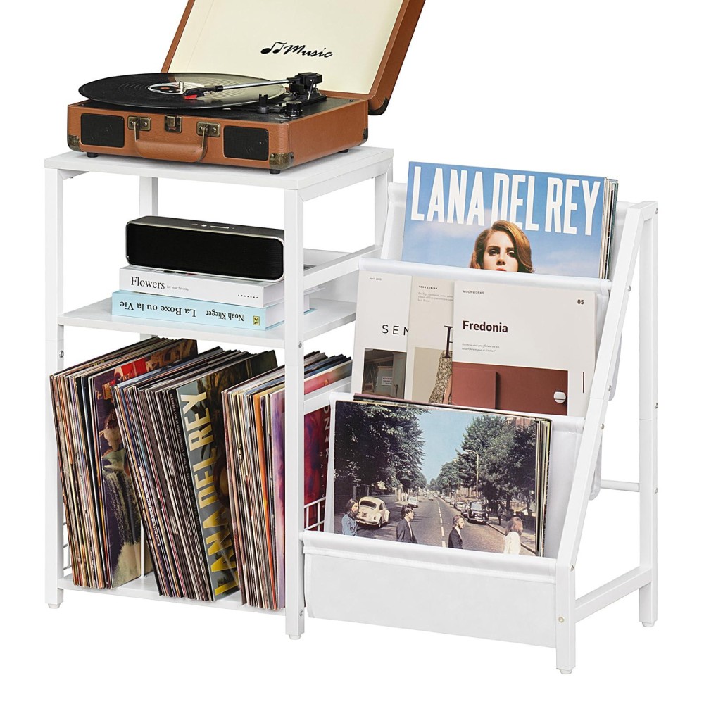 Lelelinky Record Player Table Turntable Shelf With Vinyl Storage Up To 150 Albums White Side Table With 3 Tier Magazine Periodic