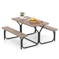 Giantex Picnic Table Bench Set Outdoor Camping All Weather Metal Base Wood-Like Texture Backyard Poolside Dining Party Garden Patio Lawn Deck Furniture Large Camping Picnic Tables For Adult