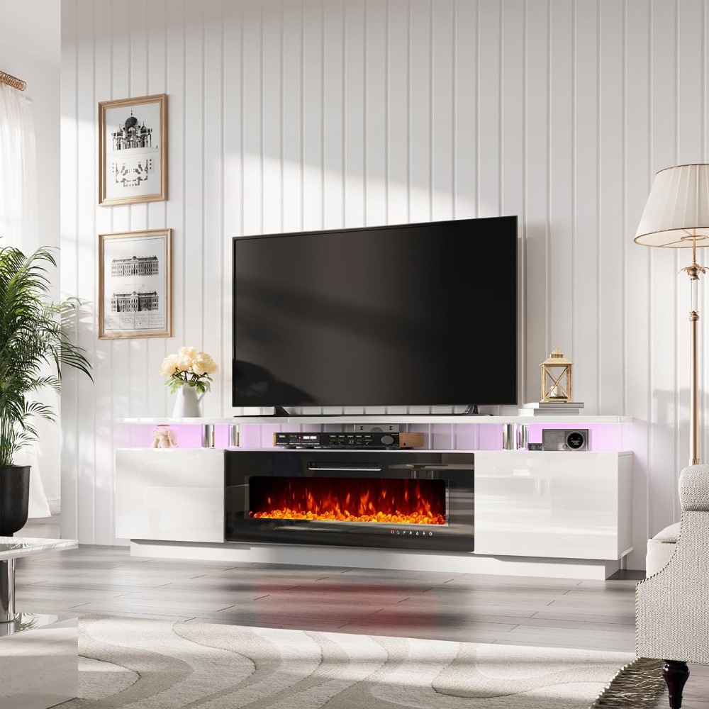 Amerlife Fireplace Tv Stand With 40 Fireplace 80 Modern High Gloss Fireplace Entertainment Center Led Lights 2 Tier Tv Con