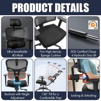 Newtral Ergonomic Office Chair, Computer Desk Chair, Reclining High Back Mesh Chair, Adjustable Lumbar Support Headrest, 3D Armrest Lumbar Support Backrest For Office Home Gaming, Black