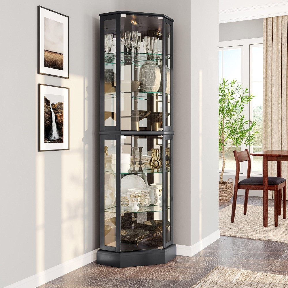 Belleze Lighted 3Side Glass Display Curio Cabinet With Tempered Glass Doors And Shelves Curved Wood Corner Cabinet With Bulb