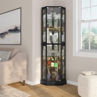 Belleze Lighted 3Side Glass Display Curio Cabinet With Tempered Glass Doors And Shelves Curved Wood Corner Cabinet With Bulb