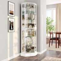 Belleze Lighted 3Side Glass Display Curio Cabinet With Tempered Glass Doors And Shelves Curved Wood Corner Cabinet With Bulb