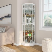 Belleze Lighted 3Side Glass Display Curio Cabinet With Tempered Glass Doors And Shelves Curved Wood Corner Cabinet With Bulb