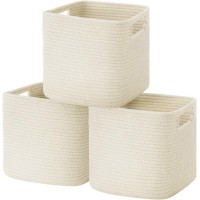 Ubbcare Set Of 3 Cotton Rope Basket 13 Inches,Storage Baskets For Shelves, Woven Baskets For Organizing With Handles, Cube Storage Bins For Storage Books, Magazines, Toys(Beige)