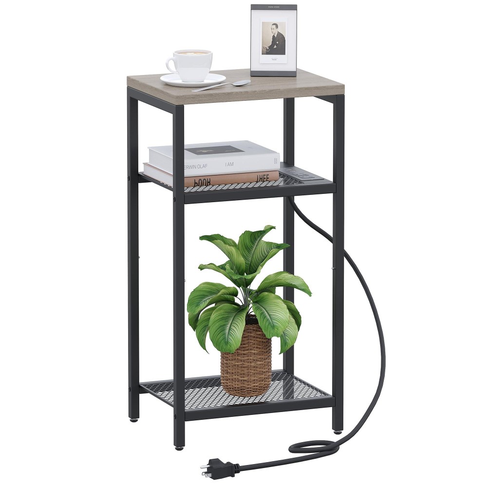 Yifeel Tall Side Table With Charging Station, 3 Tier End Table, Telephone Table, Small Entryway Table, Night Stand For Small Spaces, Living Room, Bedroom, Greige And Black Jet001Csg1