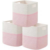 Ubbcare Set Of 3 Cotton Rope Basket 13 Inches,Storage Baskets For Shelves, Woven Baskets For Organizing With Handles, Cube Storage Bins For Storage Books, Magazines, Toys(Mixed Pink)