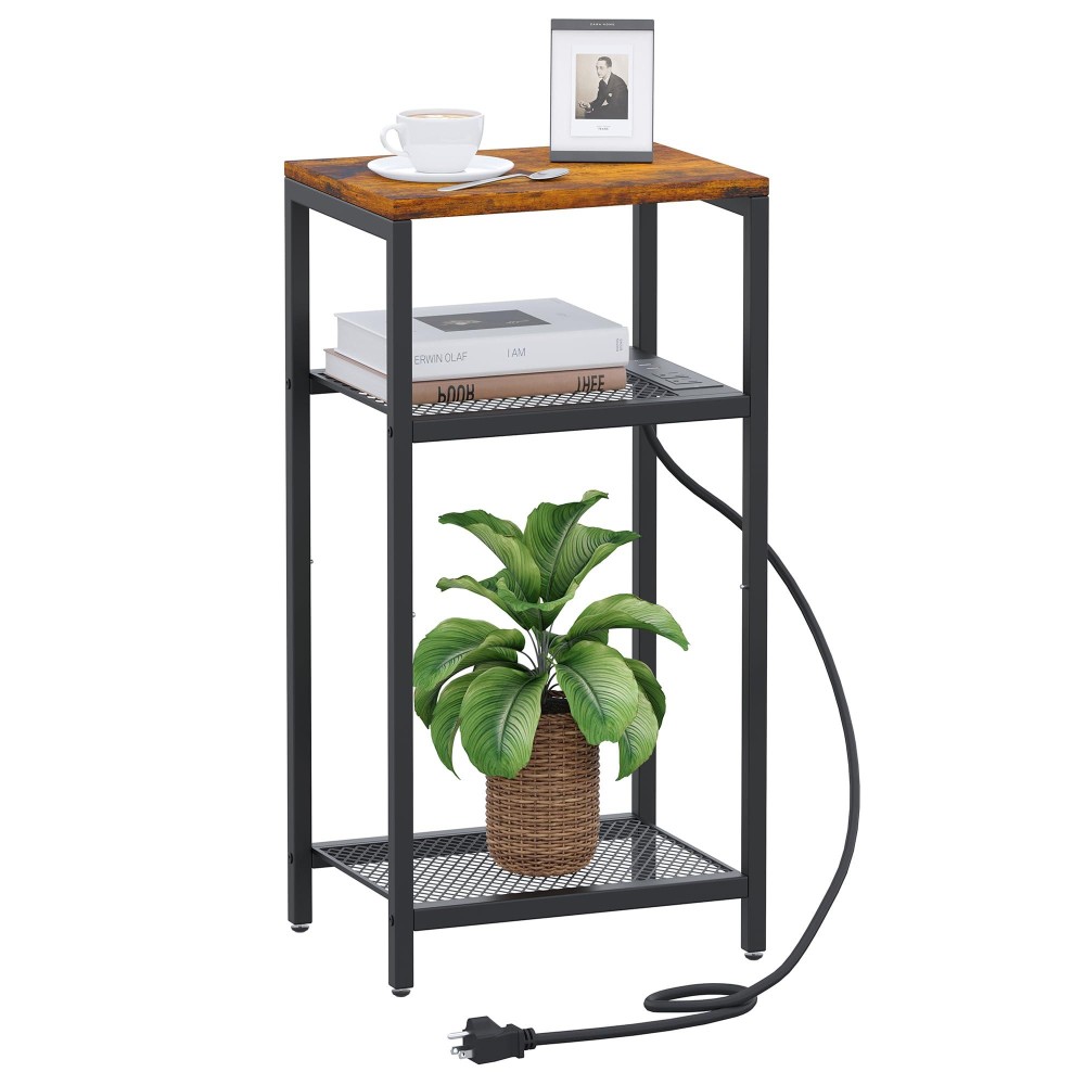 Yifeel Tall Side Table With Charging Station, 3 Tier End Table, Telephone Table, Small Entryway Table, Night Stand For Small Spaces, Living Room, Bedroom, Rustic Brown And Black Jet001Csr1