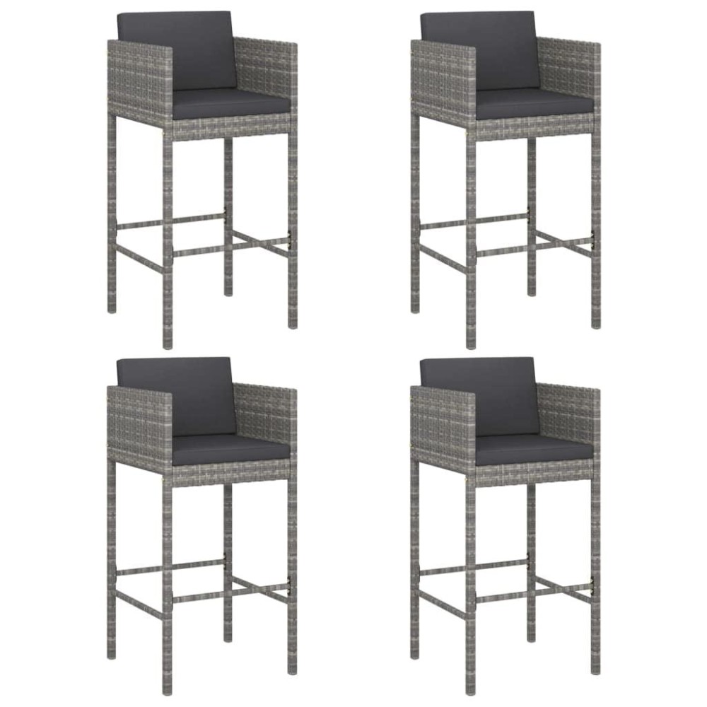 Vidaxl Set Of 4 Bar Stools With Cushions In Gray Poly Rattan - Modern Design For Outdoor/Indoor Use, Lightweight Yet Sturdy And Comfortable