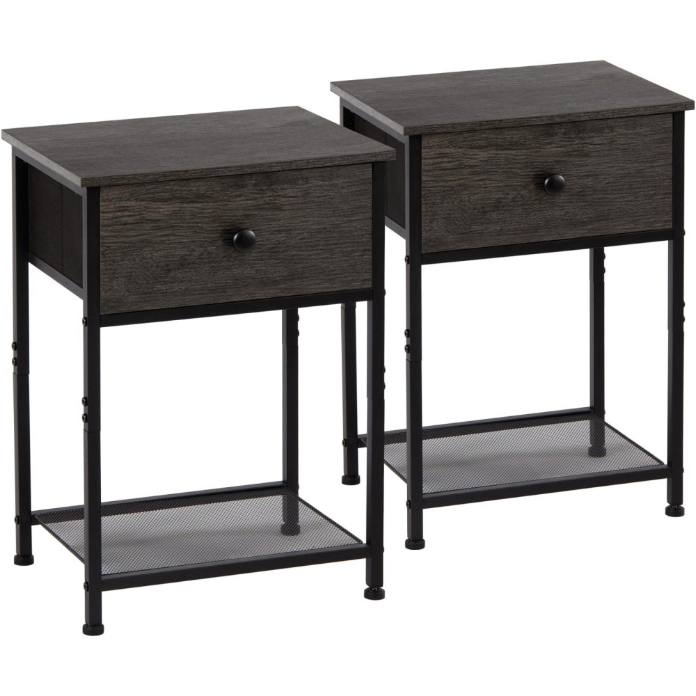Amhancible Night Stand Set 2, Small End Tables With Fabric Drawer, Industrial Nightstands With Storage Shelf, Bedside Tables For Bedroom, Wood Metal Accent Furniture,Het03Sddg